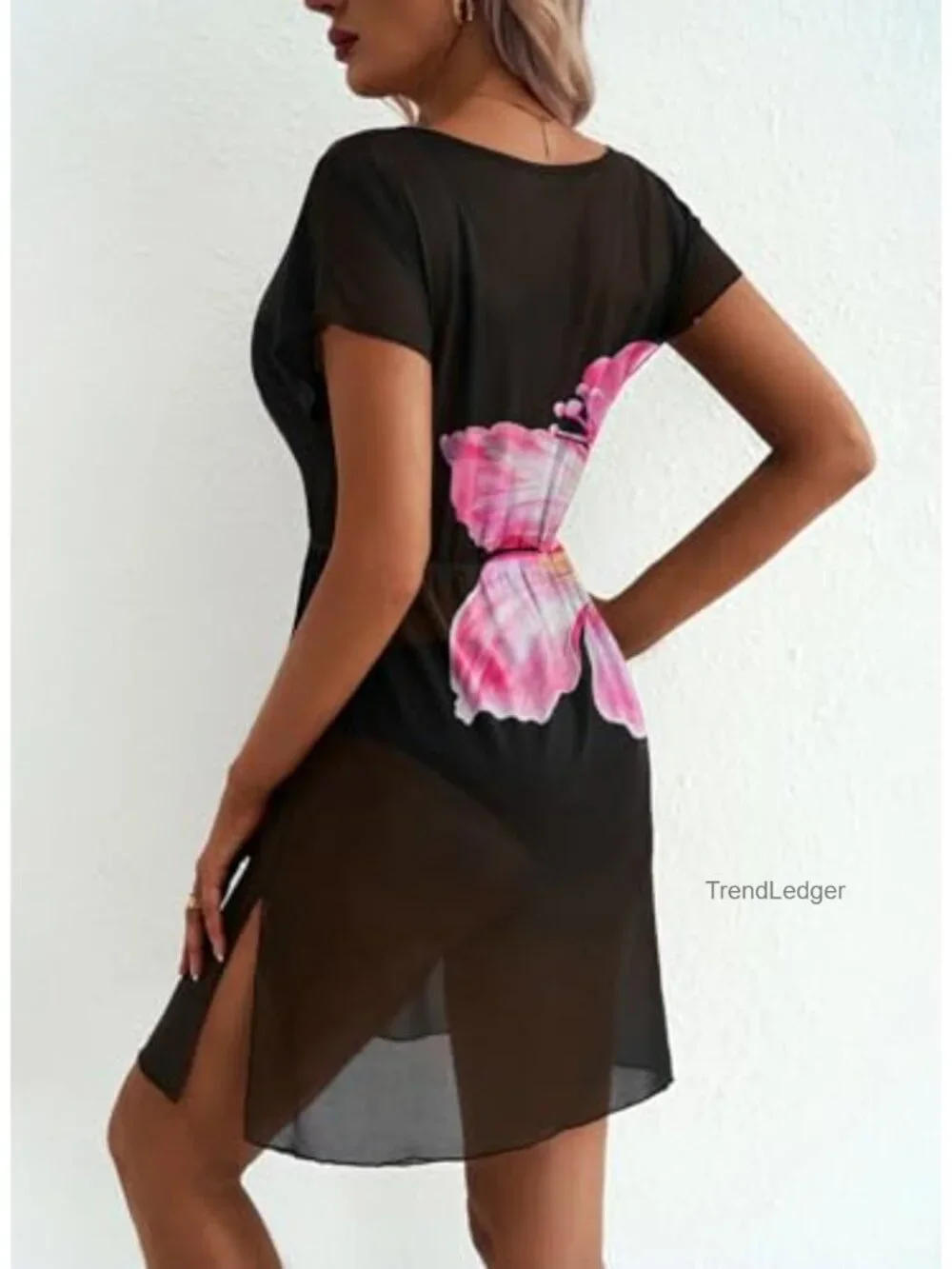 Mesh Sheer Floral Print Swim Cover Up